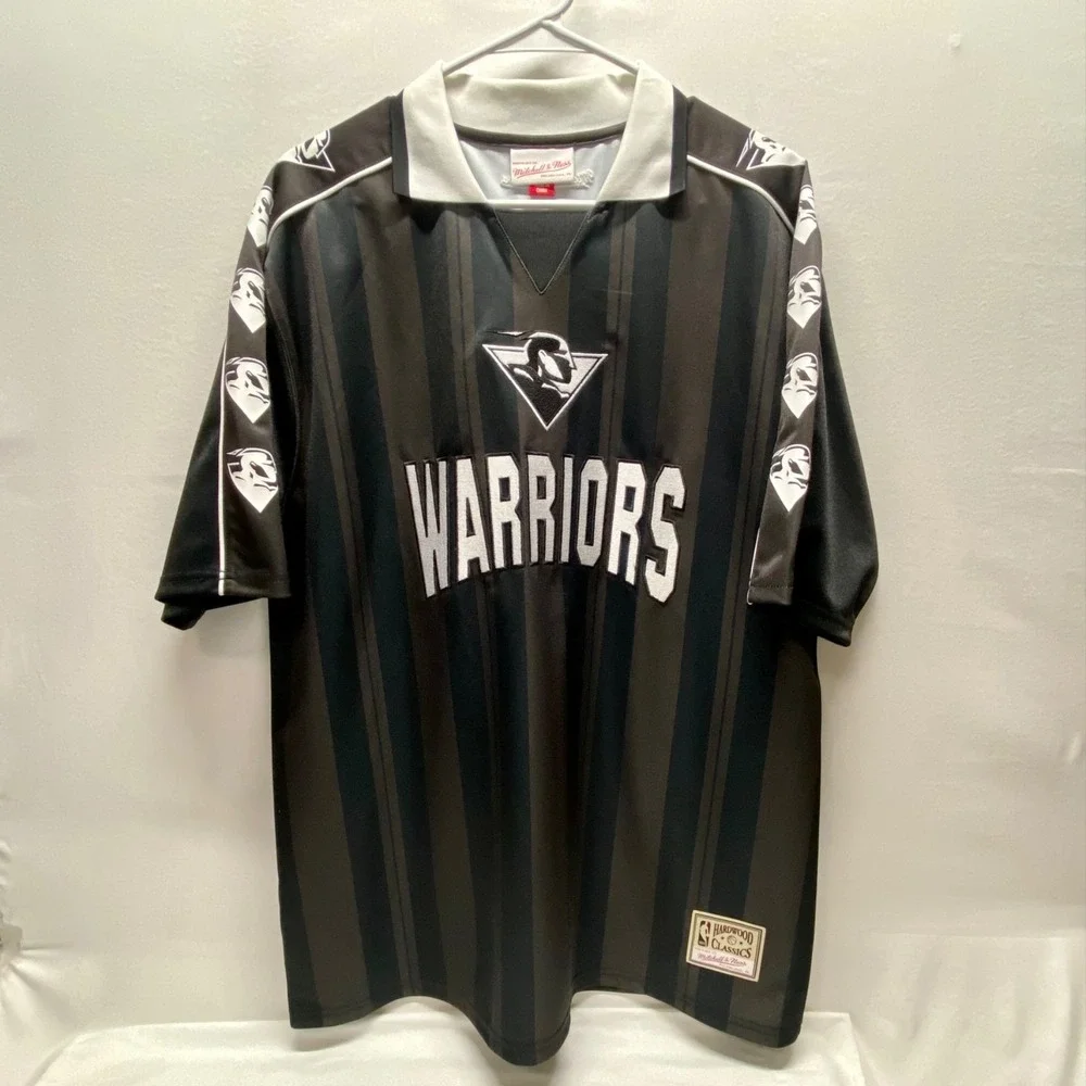 Golden State Warriors NBA Striker Polo Shirt L Black Brown Stripe HWC M & N NWOT